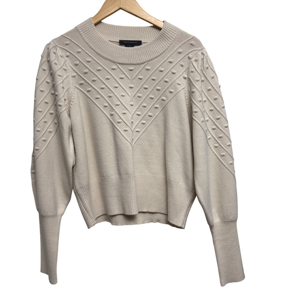 French Connection Womens Sweater Large Cream Textured Dots Ribbed Knit White